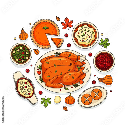 Thanksgiving Dinner Feast with Roasted Turkey, Pumpkin Pie, and Seasonal Side Dishes, Celebrating Autumn Harvest and Gratitude