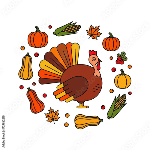A festive circular arrangement of Thanksgiving icons, featuring a colorful turkey, pumpkins, corn, and autumn leaves in a line art style illustration