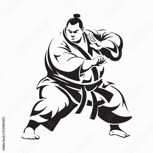 Traditional Sumo Wrestler Wearing Kimono Practicing Fighting Vector on white background