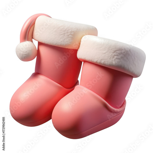 Festive pink christmas stockings with fluffy white trim and santa hat accent isolated on transparent background