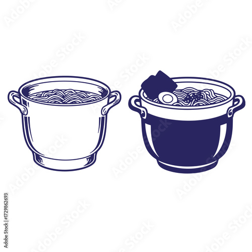 Line art illustration of two bowls of ramen noodles one filled the other empty