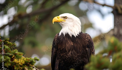 Wallpaper Mural Majestic bald eagle perched on a tree branch, gazing intently to its right, blurred green foliage background Torontodigital.ca