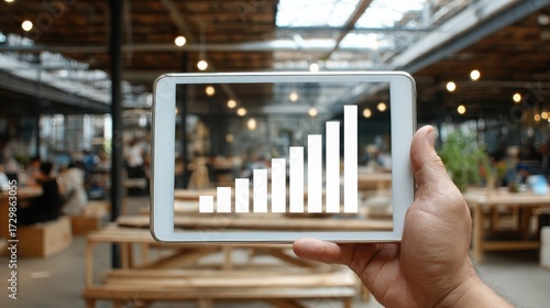 Hand Holding Tablet Displaying Bar Chart in Modern Workspace