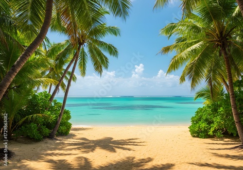A stunning tropical beach scene with lush palm trees framing a view of clear turquoise ocean water and a pristine sandy shore under a bright blue sky.