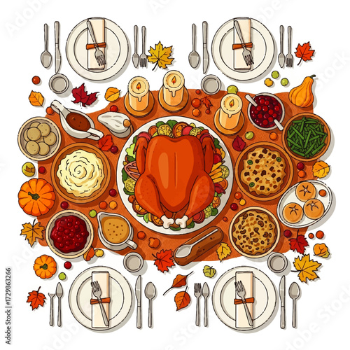 Festive Thanksgiving Feast A Top-Down View of a Delicious Turkey Dinner Spread with Autumnal Accents