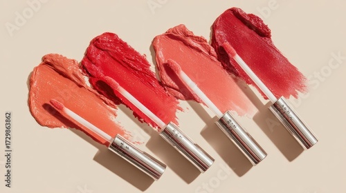 Glossy lip gloss wands arranged flat lay style with thick liquid smears of coral, red, and pink shades, modern cosmetic branding aesthetic