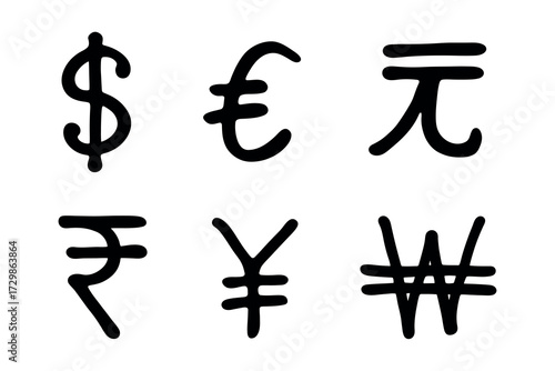 Hand drawn multiple currencies symbol set Dollar euro yuan yen won rupee