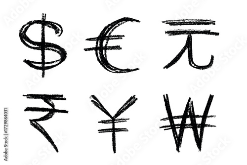 Hand drawn multiple currencies symbol set Dollar euro yuan yen won rupee