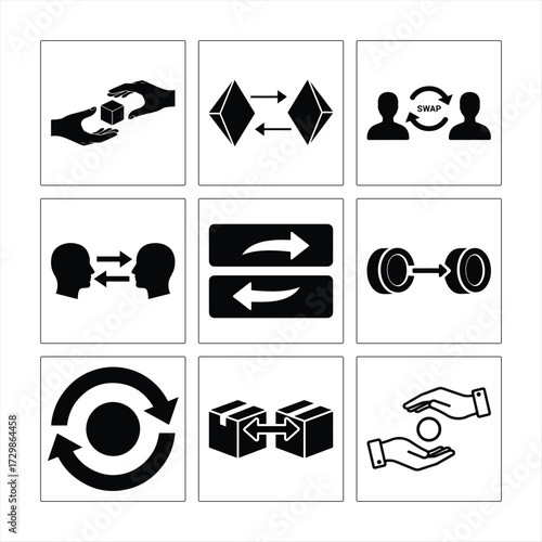 Black And White Grid Icon Set Illustrating Exchange And Peertopeer Barter Platforms