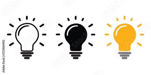 A set of light bulb icon on white background. Idea symbol. Electric lamp, light, innovation, solution, creative thinking, electricity. Outline, flat and colored style. Flat design.