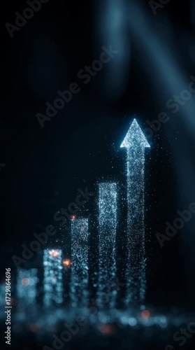 A dynamic image depicting a hand touching a glowing upward arrow chart, symbolizing growth, progress, and success in business environments.