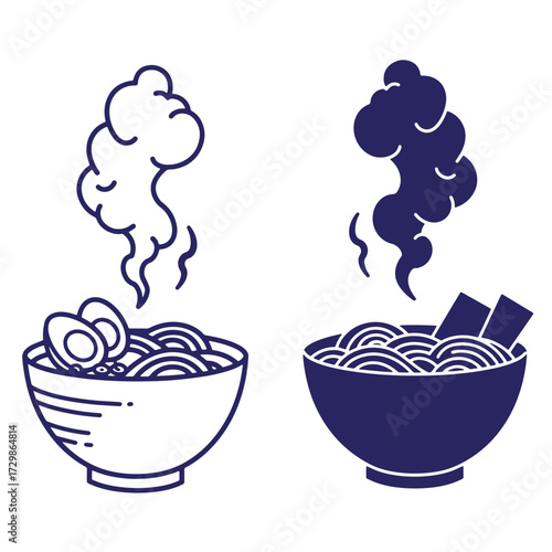 Simple vector illustration of two bowls of japanese ramen with steam and toppings