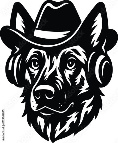 Dutch Shepherd Dog with Headphones and Hat