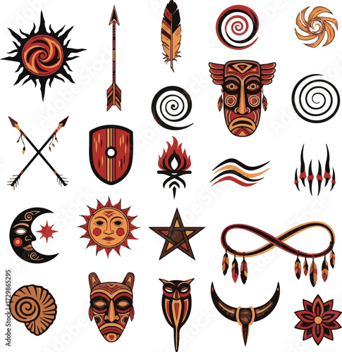 Black set of vector icons with ornate tribal flower and wing decoration elements for design