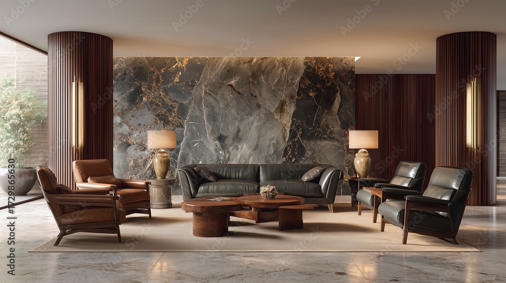 Fototapeta premium Elegant Interior Design: A stunning display of sophisticated living, showcasing a beautifully furnished room, accentuated by rich textures and ambient lighting, the epitome of refined taste.
