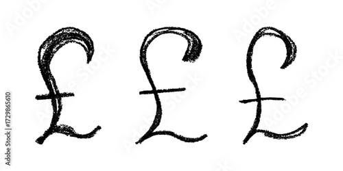 Set of hand drawn british pound currency symbol. Brush stroke doodle. Single element for design
