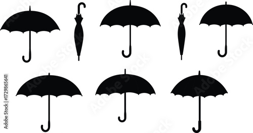 Black umbrella silhouettes collection, open and closed umbrella icons, rainy season design, vector umbrella set, fashion accessory, weather protection illustration