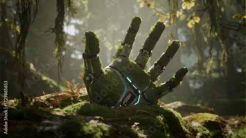 A moss-covered robotic hand rests in a forest, blending with nature amidst sunlight and foliage.