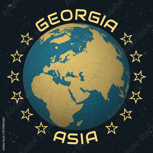 Georgia on Globe. Country name round text. Vintage look with grunge scratched texture. Country view on world map in Sky Blue Light Yellow color palette. Georgia shape on map.