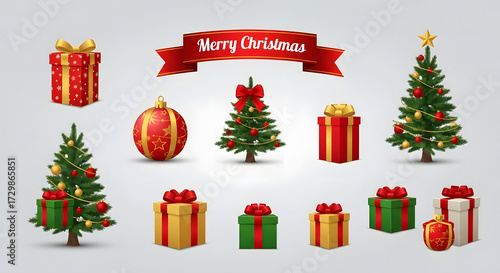 The festive arrangement of Christmas gifts with red ribbons and pine greenery. Christmas icons with Santa Claus, decorated trees, and festive gifts in bright colors. 