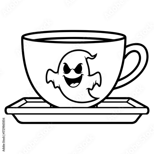 Scary but cute ghost character on a teacup for Halloween festival. Black outline drawing of phantom on a mug, ideal for scary-themed graphic design. Isolated vector art on white background.