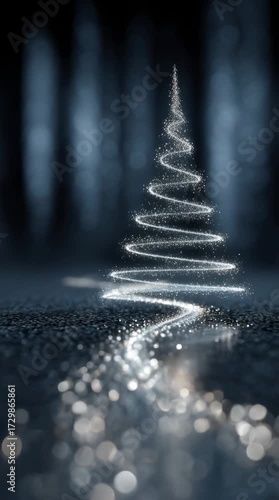 A stunning depiction of a shimmering Christmas tree, spiraling in light against a dark, blurred background