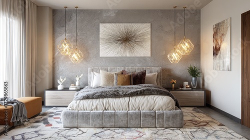 Contemporary bedroom with a gray fabric-upholstered platform bed, geometric rug, wall art, and soft pendant lights creating a chic atmosphere