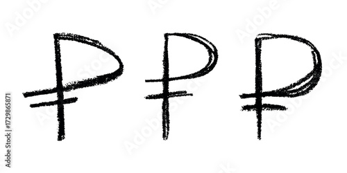 Set of hand drawn russian ruble currency symbol. Brush stroke doodle. Single element for design
