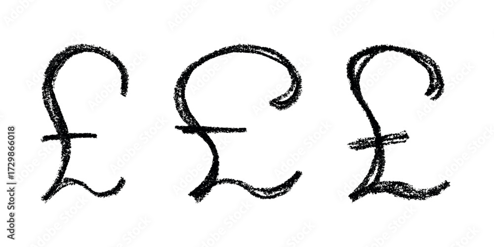 Obraz premium Set of hand drawn british pound currency symbol. Brush stroke doodle. Single element for design