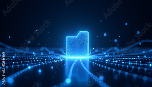 Digital Data Folder Icon with Futuristic Circuit Lines on Blue Background