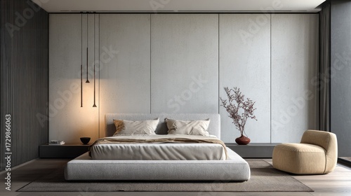 Minimalist interior with a fabric-upholstered platform bed, sleek wall-mounted lighting, and a calm neutral palette for serene comfort