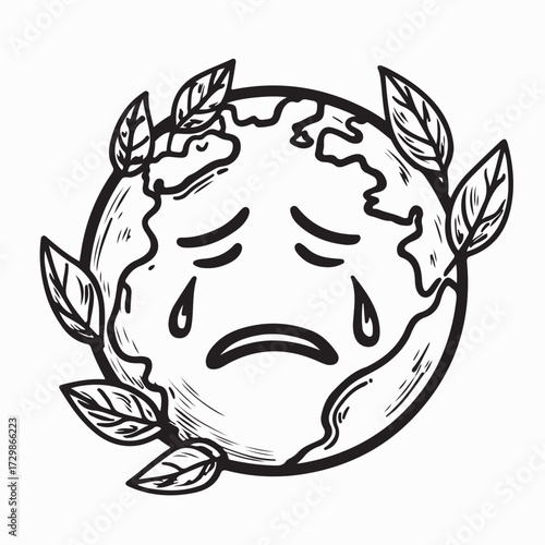 Crying Earth Character with Leaves Vector Logo isolated on white background