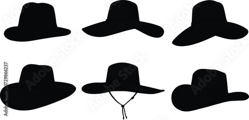 Silhouette wide brim hats collection, fashion accessories, cowboy, fedora, sun hat, vintage style, black outline, isolated vector illustration