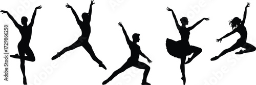 Ballet dancer silhouettes, graceful male and female figures, elegant dance poses, classical ballet performance, artistic movement, expressive choreography, stage art, body posture, motion illustration