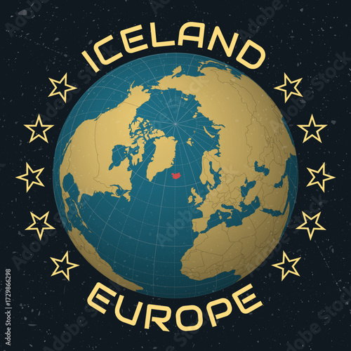 Iceland on Globe. Country name round text. Vintage look with grunge scratched texture. Country view on world map in Sky Blue Light Yellow color palette. Iceland shape on map.