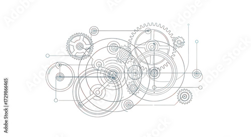 Blueprint schematic of interlocking gears and mechanical components, isolated on a transparent background