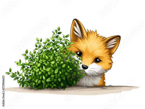 A playful fox peeks out from behind a lush green bush, showcasing its vibrant fur and curious expression.
