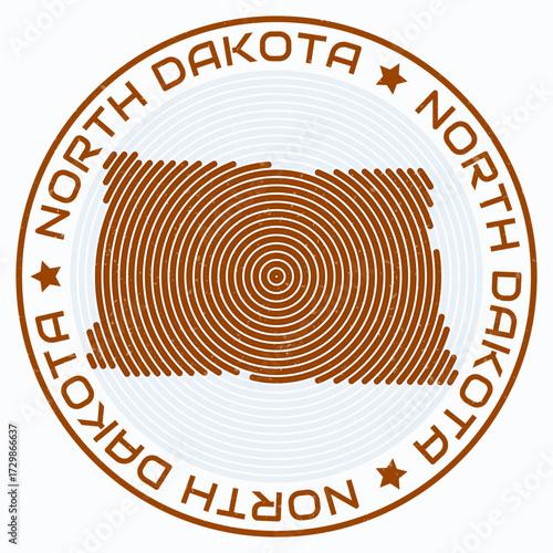 North Dakota map with round title. State shape rings. North Dakota text around the state boundary shape. Artistic vector illustration.