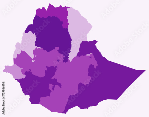 Map of Ethiopia with regions. Just a simple country border map with region division. Purple color palette. Plain Federal Democratic Republic of Ethiopia shape with administrative division.
