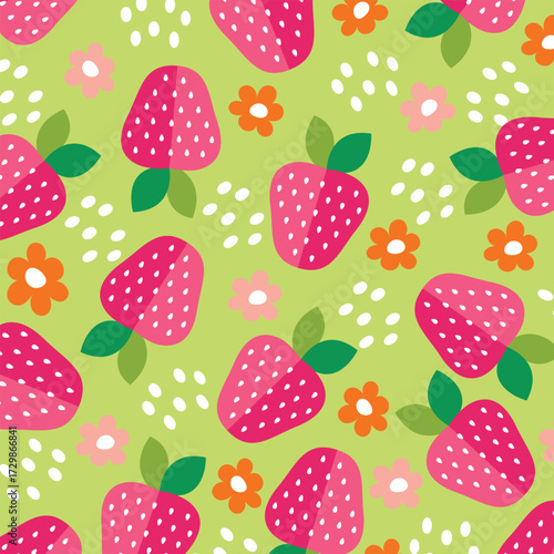 Seamless pattern with strawberry on color background. Natural delicious fresh ripe tasty fruit. Vector illustration for print, fabric, textile, banner, other design. Food concept