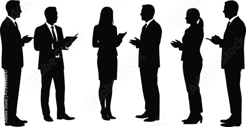 Business meeting silhouettes, professional teamwork discussion, corporate communication, office collaboration, group presentation