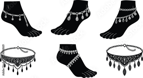 Elegant anklet jewelry collection, traditional foot accessories, ornate chain designs, bohemian charms, ethnic beaded anklets, fashion illustration, decorative silhouette display