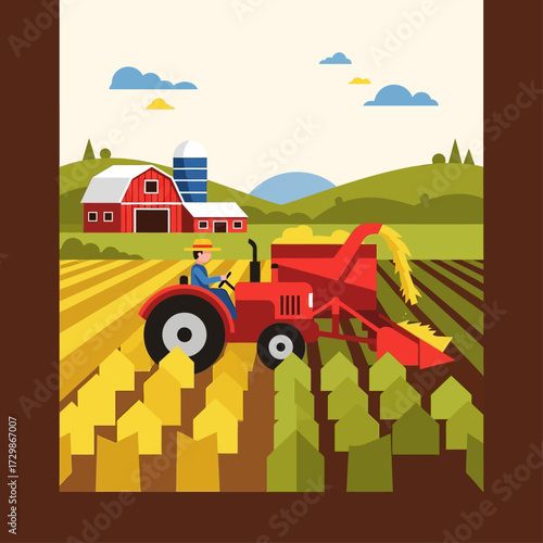 A farmer drives a red tractor harvesting a golden cornfield with a barn and silo in the background.