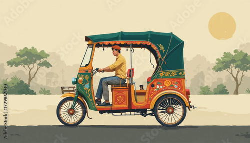Traditional Bangladeshi Rickshaw art in minimal vector style, Ai generate 