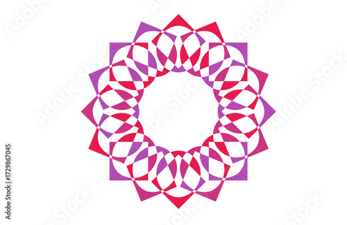 Hypnotic geometric mandala design with overlapping red and purple circular floral patterns, abstract ornamental wall art, modern decorative symmetry for posters, textiles, and digital art