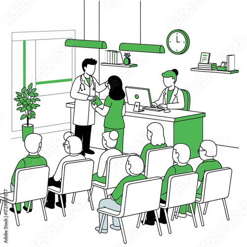 A doctor consulting with a nurse and patients in a waiting room, with medical supplies.