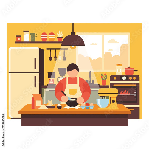 A person in a kitchen is mixing ingredients in a bowl on a counter, preparing food with various kitchen appliances and ingredients visible.
