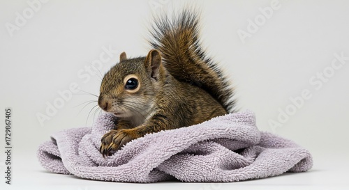 柔らかな光に包まれタオルでぬくぬくとくつろぐ小さな愛らしいリスのクローズアップ. AI Generated
