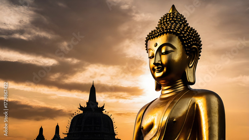 Golden Buddha silhouette against sunset background, spiritual peaceful artwork.