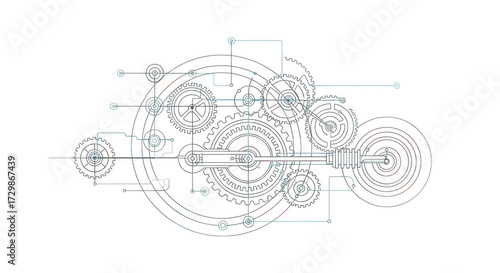 Technical drawing or blueprint of a complex mechanical system with gears and linkages, isolated on transparent background